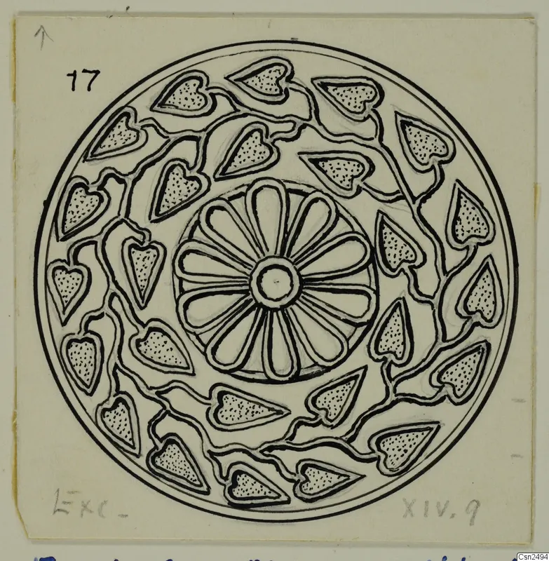 Field drawing of a round silver find with a central rosette of petals and a ring of heart-shaped leaves on curling stems