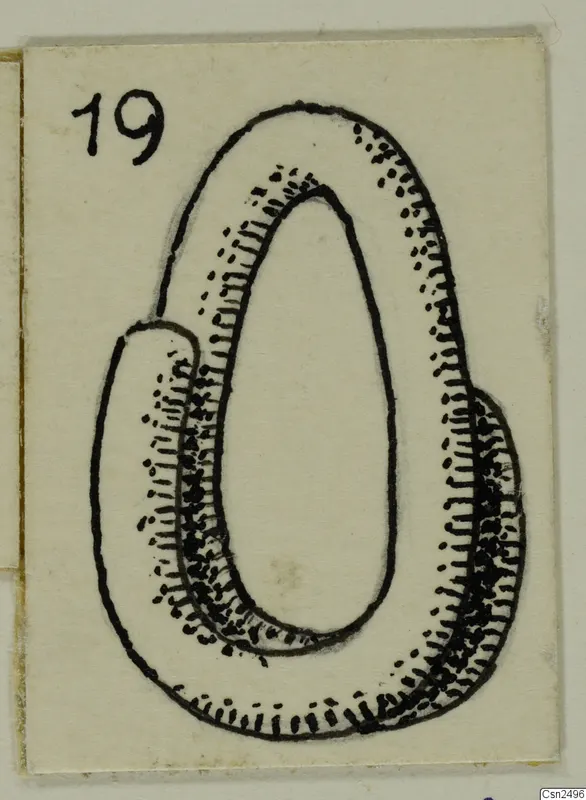 Ink drawing of a loop-shaped object with an oval opening and stippled shading along its band, on a cream card.