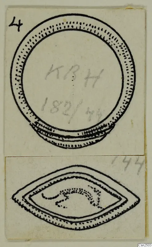 Drawing of a silver ring and a lens-shaped seal or gem with an engraved motif