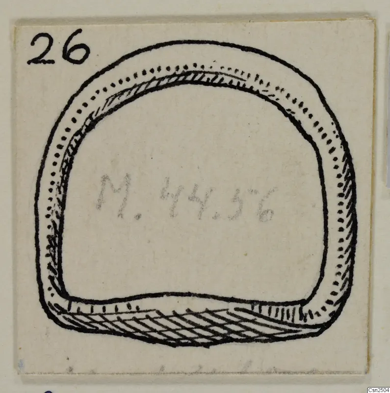 Field drawing of a silver ring-shaped object from Marion, with a number in the top left corner