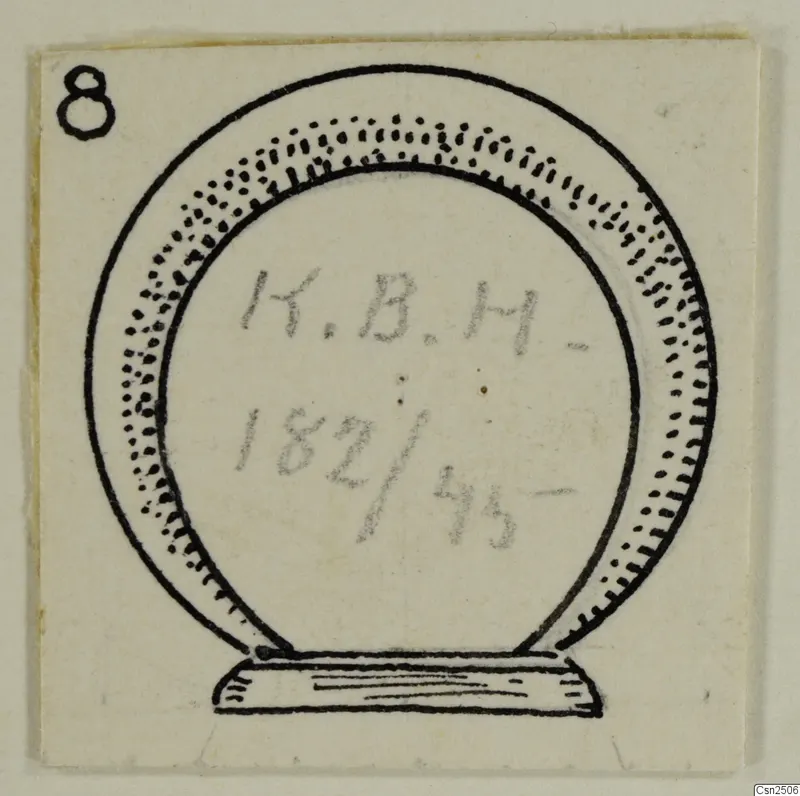 Drawing of a hoop-shaped silver object standing on a low base