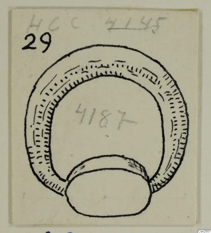Ink drawing of a thick ring-shaped object with a rounded element at its base, on a card