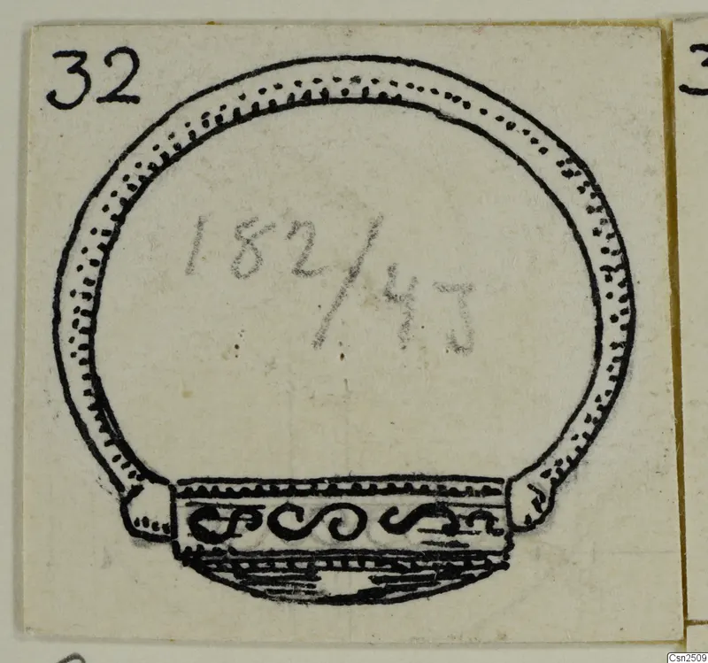 Drawing of a silver open bangle with dotted edging and a scroll-decorated wider section at one end
