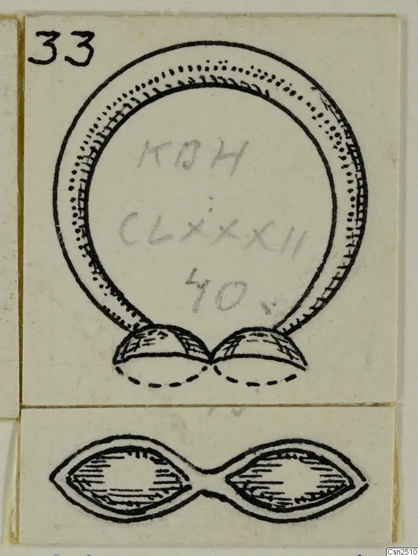 Ink drawing of a silver ring with two domed terminals at its base, with a double-lobed object drawn below it
