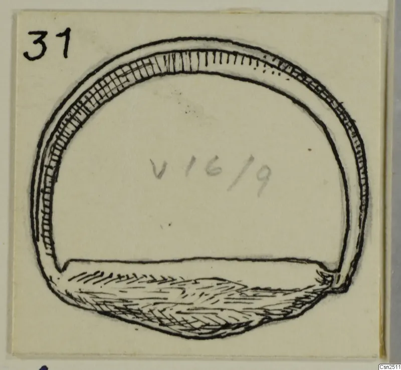 Field drawing of a silver ring from Vouni, the Korakas tombs, with hatched band and open lower end