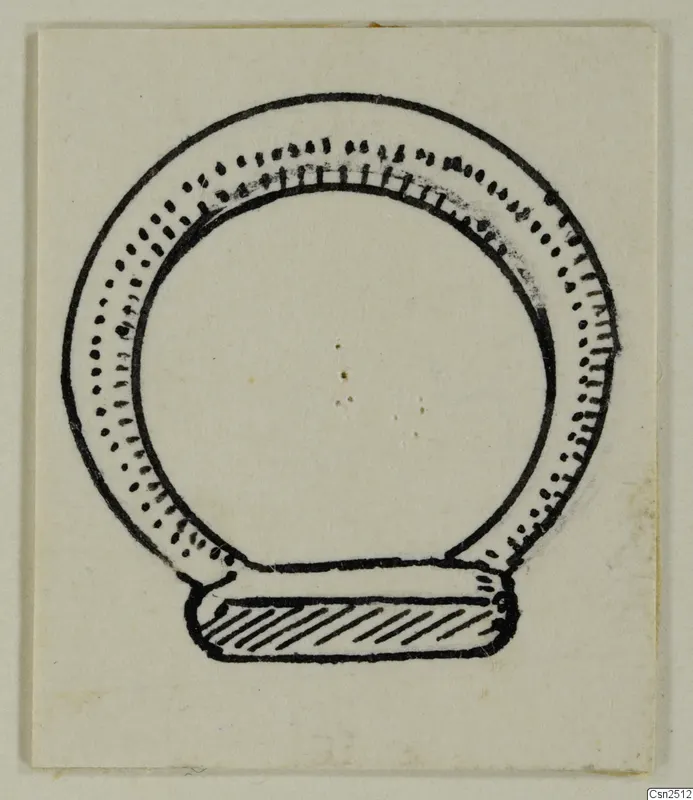 Ink drawing of a silver ring-shaped object with dotted and hatched decoration and a flat base