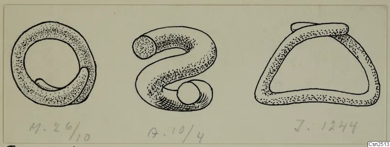 Drawing of three silver hair-rings of different shapes