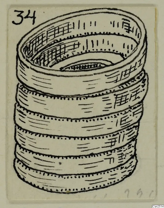 Ink drawing of a coiled silver object with an open top, showing stacked bands seen from above