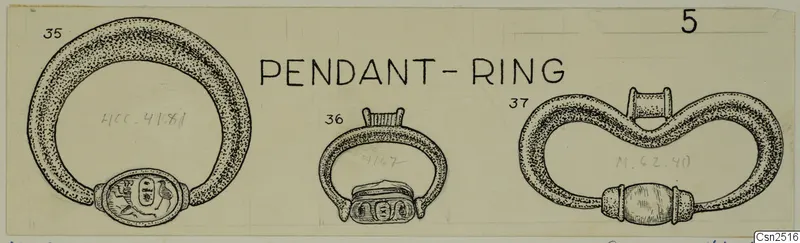 Ink drawing of three rings: a wide hoop with an oval bezel, a small ring with a raised loop, and a figure-eight band.