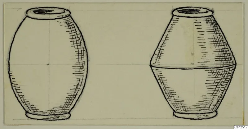 Pen drawing of two vessels side by side, one barrel-shaped and one with a sloping shoulder above a ring foot.