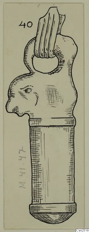 Field drawing of a silver object with a profile head at the top and a long plain cylindrical shaft below