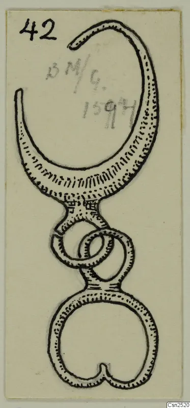 Pen drawing of a jewellery object: a hooked arc above interlinked loops and a lobed oval loop below.