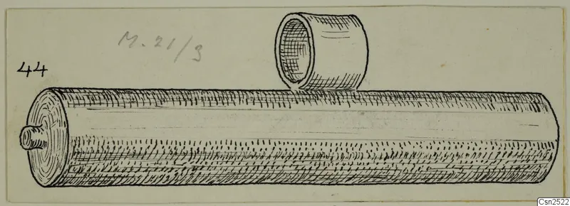 Drawing of a silver cylindrical object with a small knob at one end and a short tube standing on top