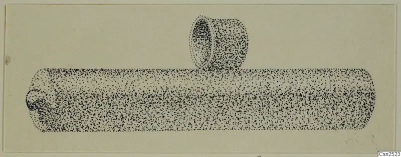 Stippled drawing of a silver object: a long tube with a short upright tube standing on top near the middle