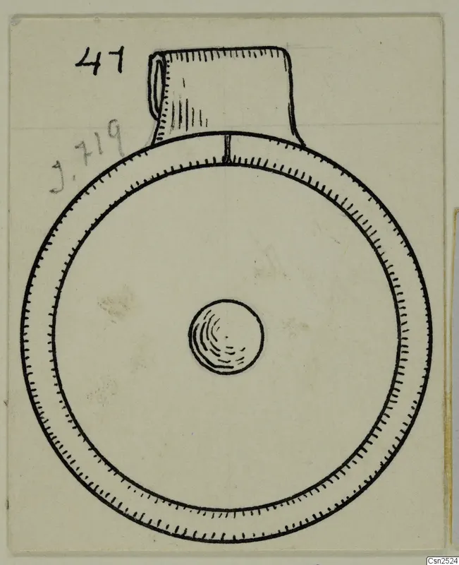 Drawing of a silver circular object with a tubular loop at the top