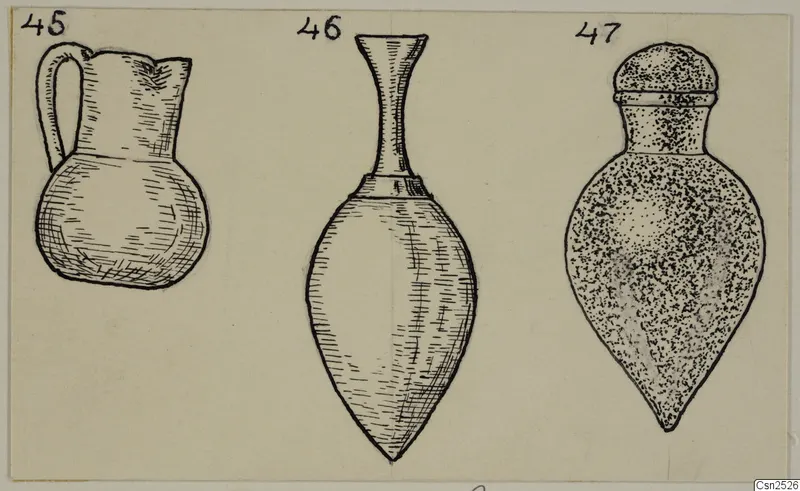 Pen drawing of three numbered vessels: a small jug with a handle, a long-necked bottle, and a stoppered flask