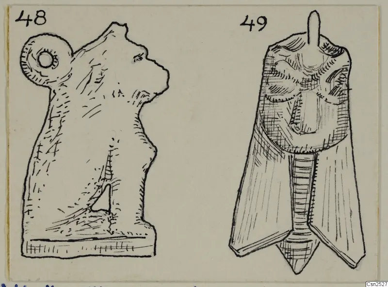 Pen drawing of two silver objects, each with a handwritten number label, one with a loop at the top left and one with a tab at the top