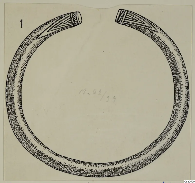 Drawing of a silver bracelet, an open ring with decorated ends