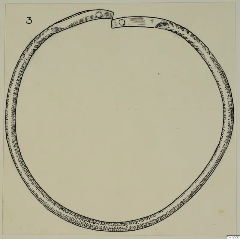Drawing of an open silver ring bracelet with flattened ends, each fixed with a small round knob