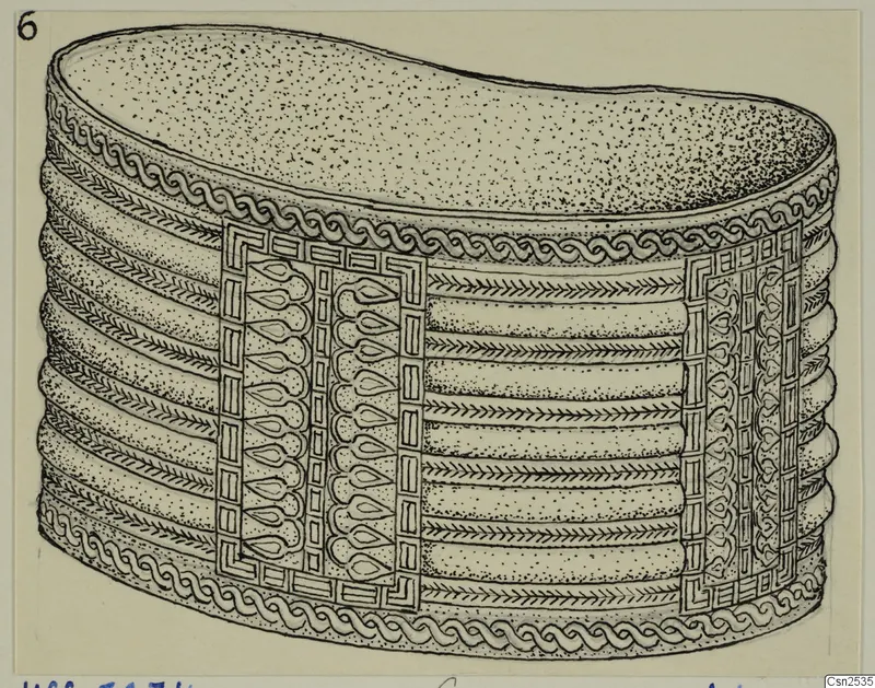 Ink drawing of a silver open vessel with a kidney-shaped rim and bands of twisted-cord and chevron ornament