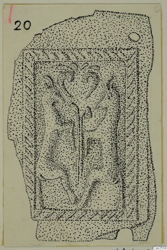 Stippled drawing of a silver object with a framed panel of raised curved forms, possibly a figure