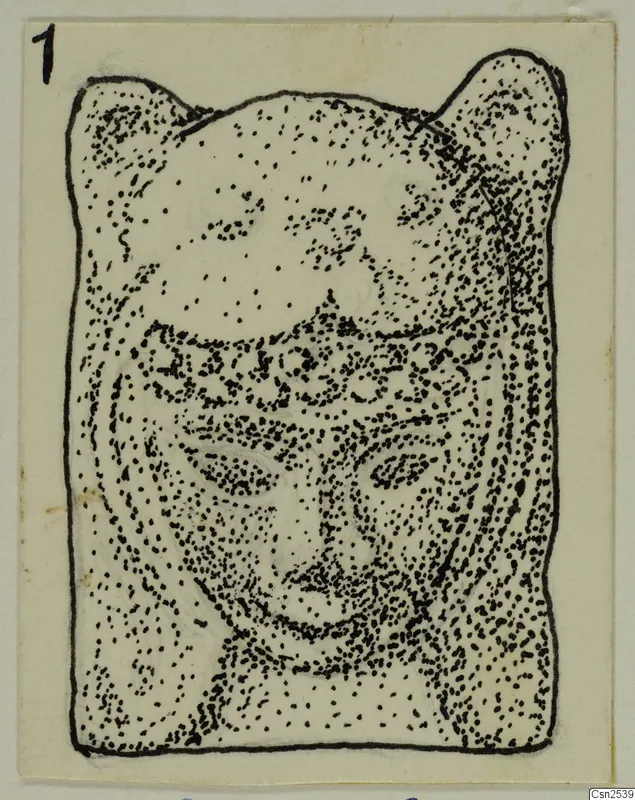 Stippled ink drawing of a face-shaped silver object with two pointed projections at the top