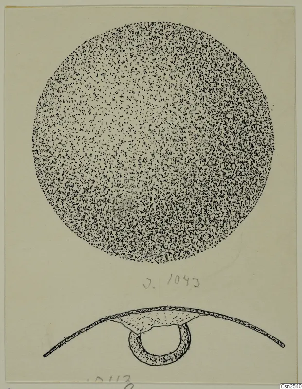 Drawing of a silver object: a stippled circular disc above its side profile, with a ring attached beneath the curved edge.
