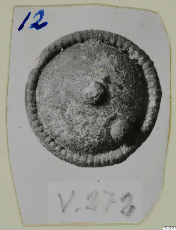 Round disc-shaped silver find with a ribbed rim and central knob, photographed on a mounted card