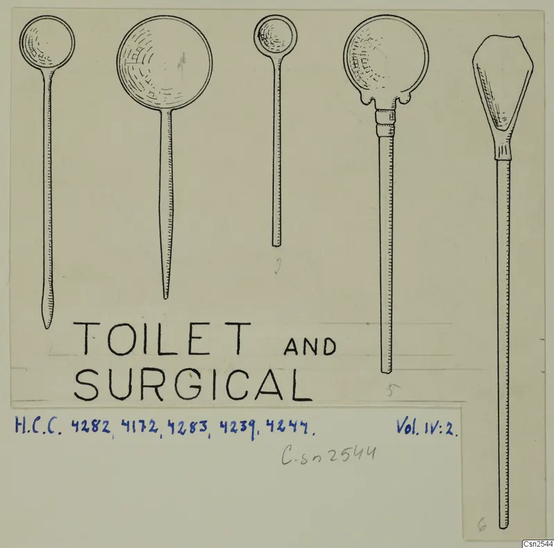 Field drawing of five toilet and surgical implements with round or cup-shaped ends and one leaf-shaped blade.
