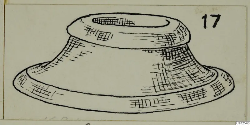 Pen drawing of a small silver object with a flaring base and a raised rim with an oval opening