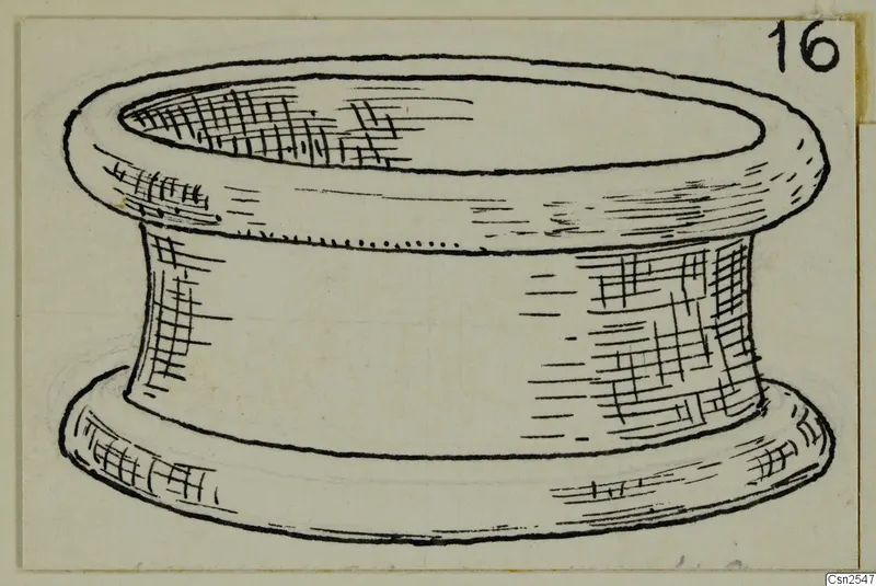 Drawing of a silver object with a wide flat rim, narrow waist and flared foot.