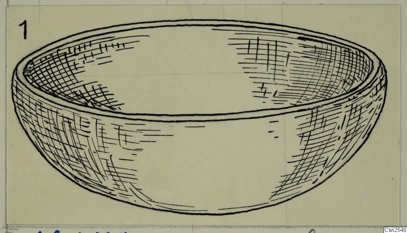 Drawing of a shallow bowl with rounded walls and a thick rim, marked 1 in the top corner