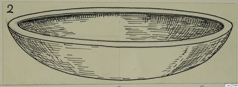 Drawing of a shallow silver bowl with a wide open mouth and a plain rim