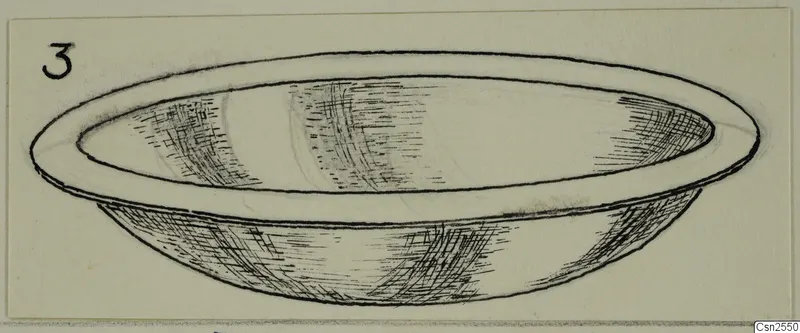 Drawing of a shallow silver bowl with a wide flat rim, marked with a number label