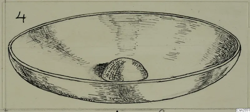 Field drawing of a shallow silver dish with a small rounded lump on its base