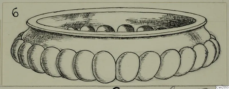 Ink drawing of a silver bowl with a wide flaring rim and a band of rounded lobes around its lower body.