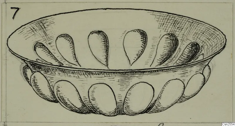 Pen-and-ink drawing of a shallow silver bowl with teardrop-shaped recesses inside and oval lobes around the outer wall