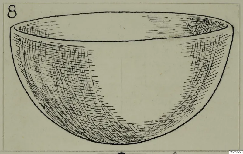 Drawing of a silver bowl with a rounded body and wide open mouth