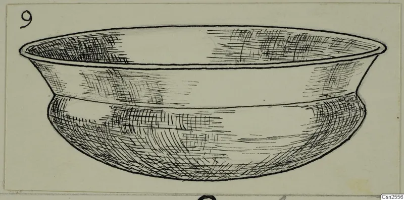 Drawing of a silver bowl with a flaring rim and rounded base, with a number label in the top left corner