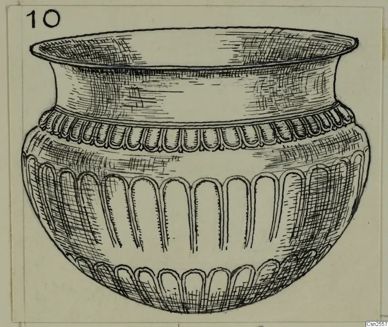 Ink drawing of a silver bowl with a flared rim and rows of rounded lobes on the neck and body