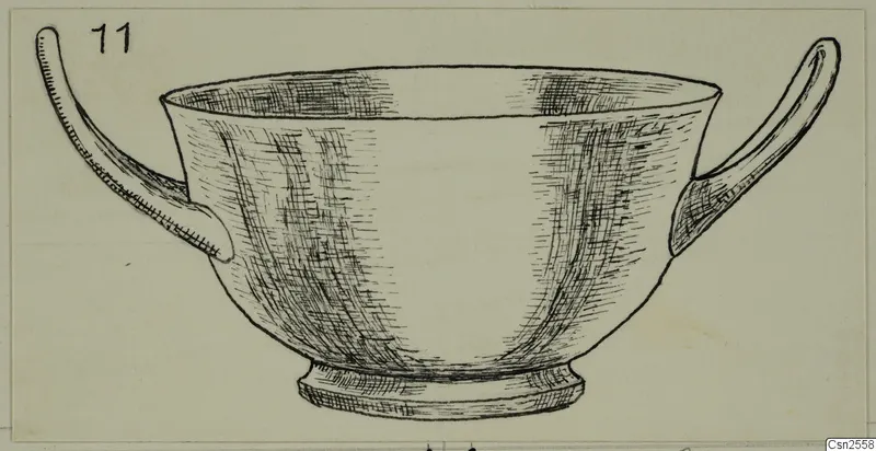 Field drawing of a silver two-handled cup with a low footed base, Vouni