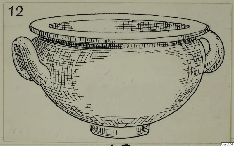 Ink drawing of a silver two-handled bowl with a broad flat rim and a short foot