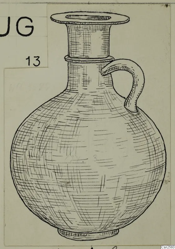 Field drawing of a silver jug with a flared rim, single loop handle and ring base
