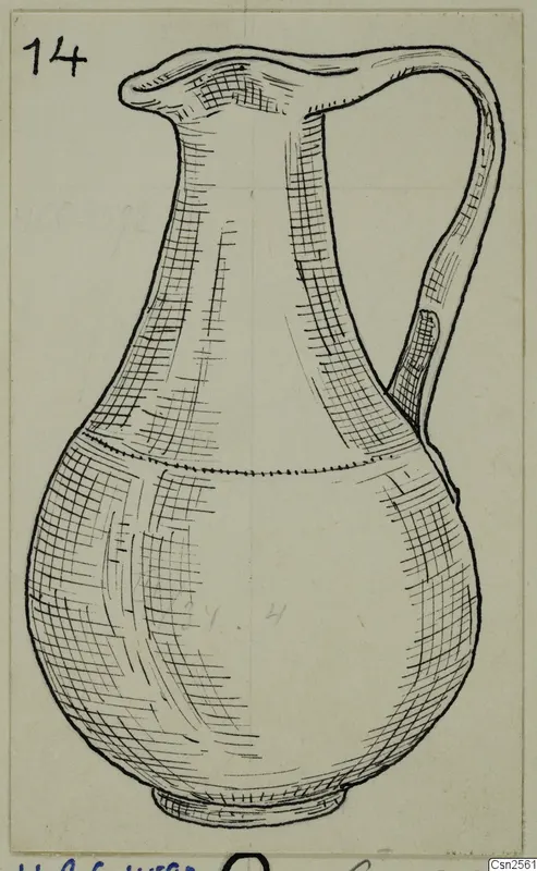 Pen drawing of a jug with a tall neck, curved handle and ring foot, shaded with cross-hatching.