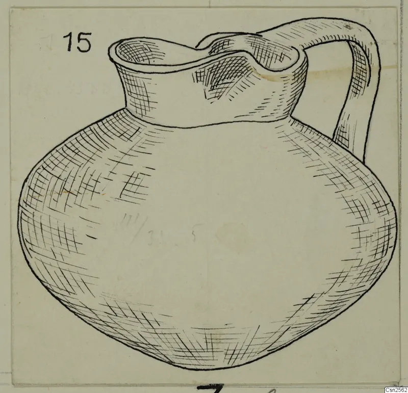 Pen drawing of a round-bodied jug with a pinched lip and a tall strap handle