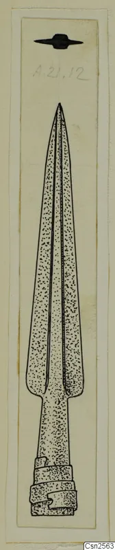 Ink drawing of a bronze spearhead with a socket and binding rings.
