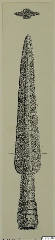 Drawing of a bronze spearhead with a long tapering blade and a socket at the base