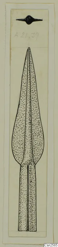 Drawing of a bronze spearhead from Amathus, leaf-shaped blade with a central ridge, point upward.