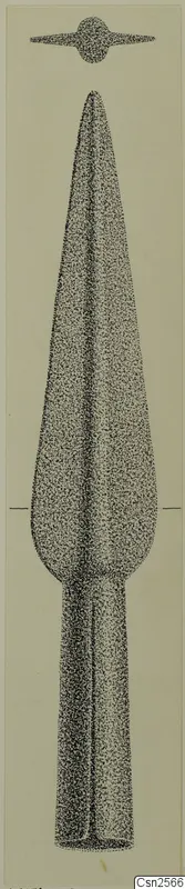 Drawing of a bronze spearhead with a long socket, with a small view of a flat, disc-centred form above it