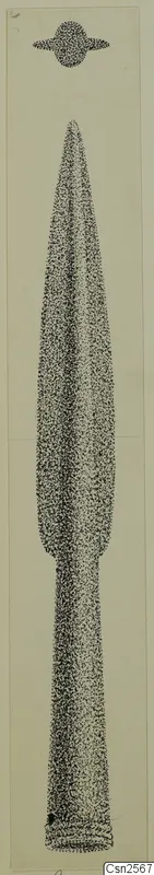 Stippled drawing of a bronze spearhead with a long leaf-shaped blade and narrow ringed stem